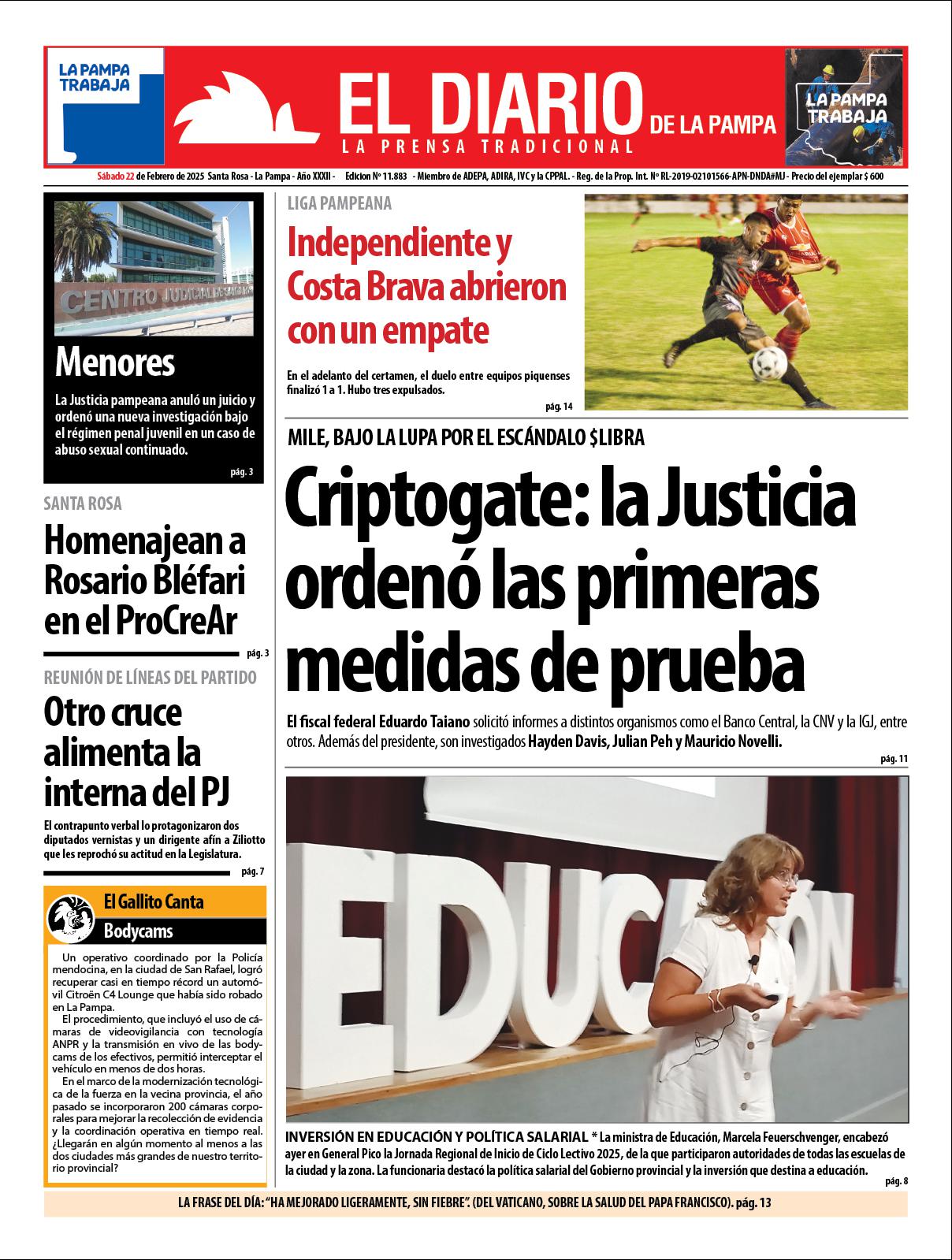 Tapa de El Diario en papel  saacutebado 22 de febrero de 2025